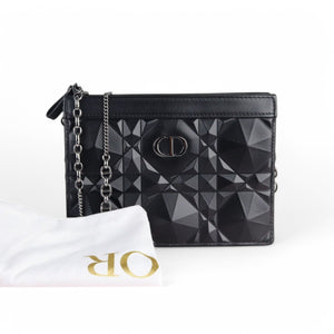 Christian Dior Caro Zipped Pouch with Chain; Black Macrocannage Calfskin with Diamond Motif