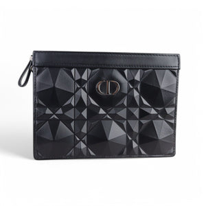 Christian Dior Caro Zipped Pouch with Chain; Black Macrocannage Calfskin with Diamond Motif