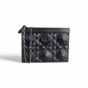 Christian Dior Caro Zipped Pouch with Chain; Black Macrocannage Calfskin with Diamond Motif