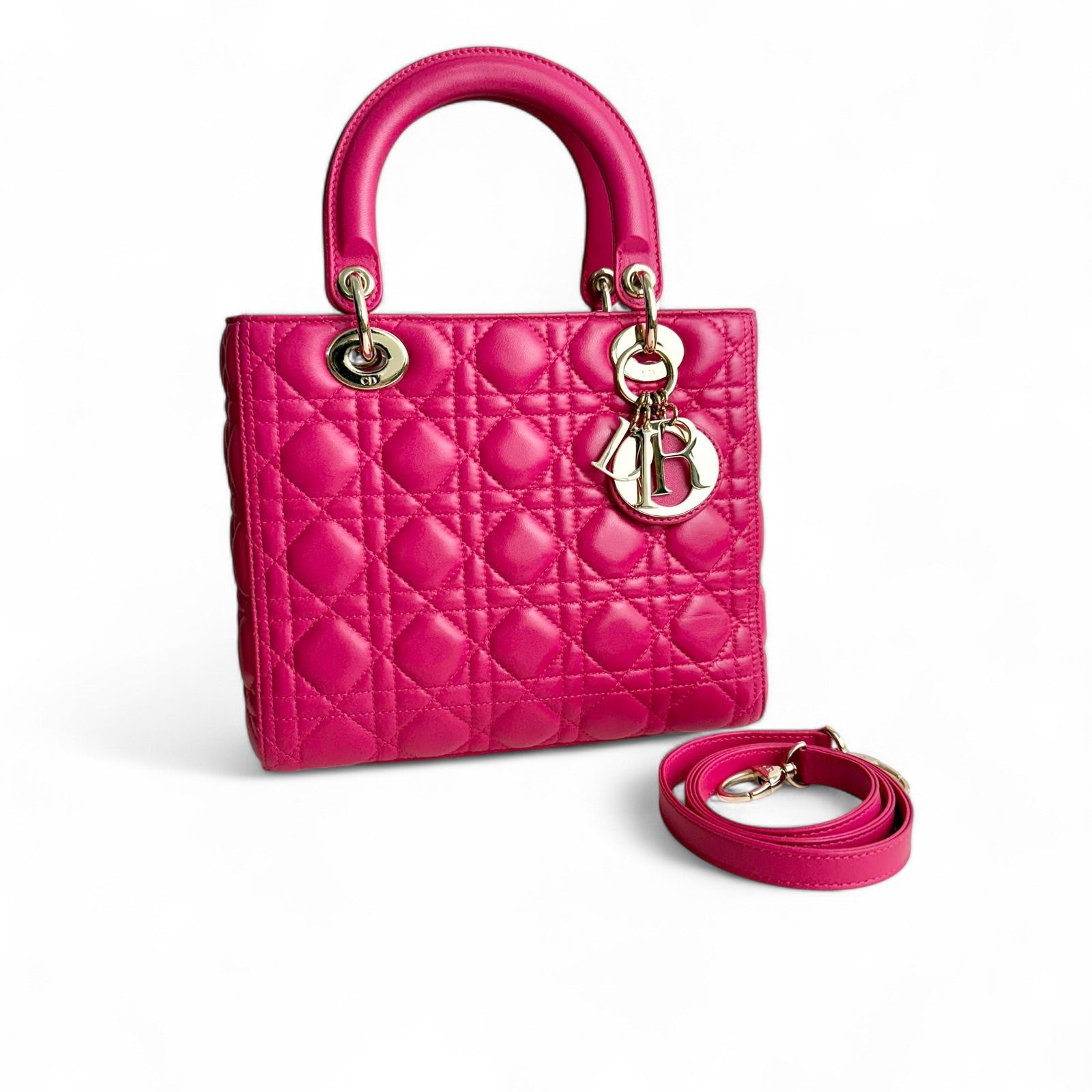 Christian Dior Lady Dior Medium – Fuchsia Pink Lambskin, Gold-tone Hardware