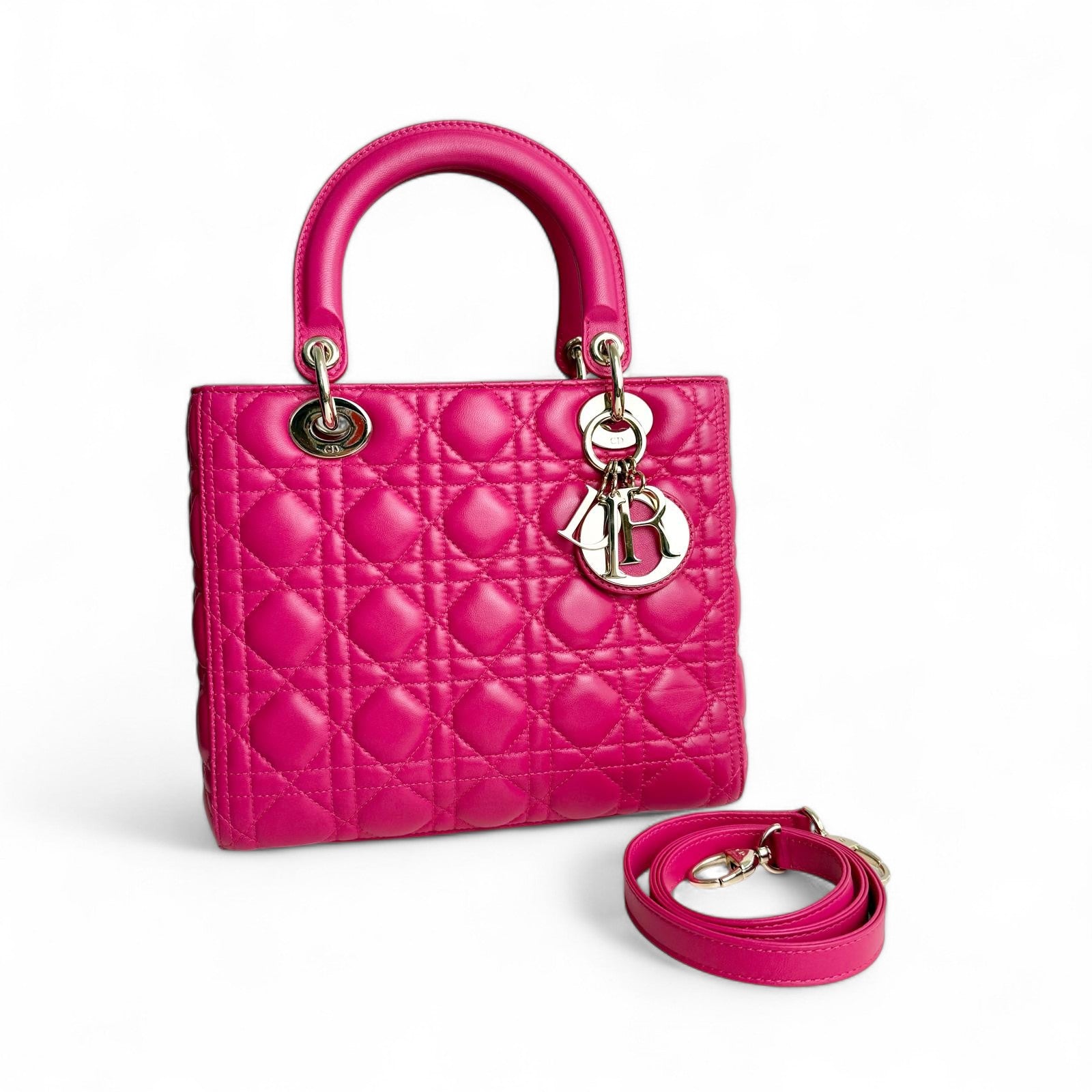 Christian Dior Lady Dior Medium – Fuchsia Pink Lambskin, Gold-tone Hardware