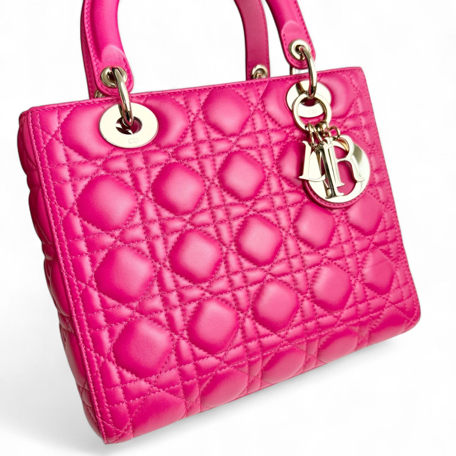Christian Dior Lady Dior Medium – Fuchsia Pink Lambskin, Gold-tone Hardware