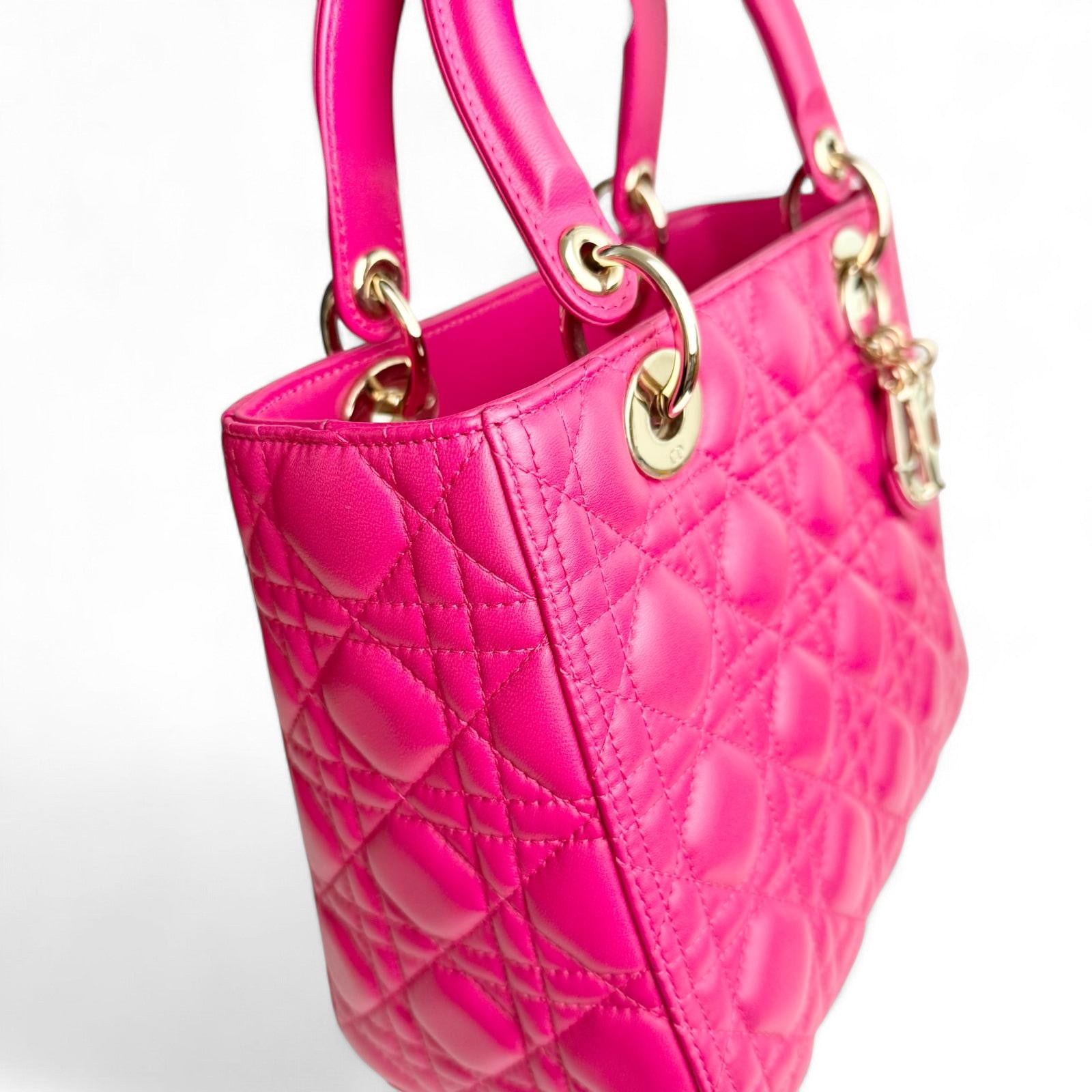 Christian Dior Lady Dior Medium – Fuchsia Pink Lambskin, Gold-tone Hardware