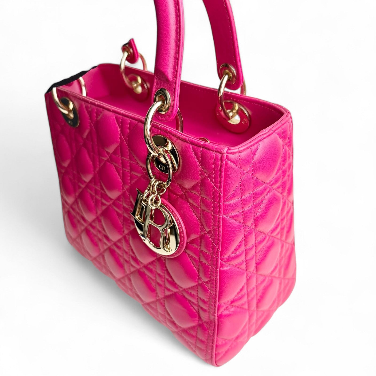 Christian Dior Lady Dior Medium – Fuchsia Pink Lambskin, Gold-tone Hardware