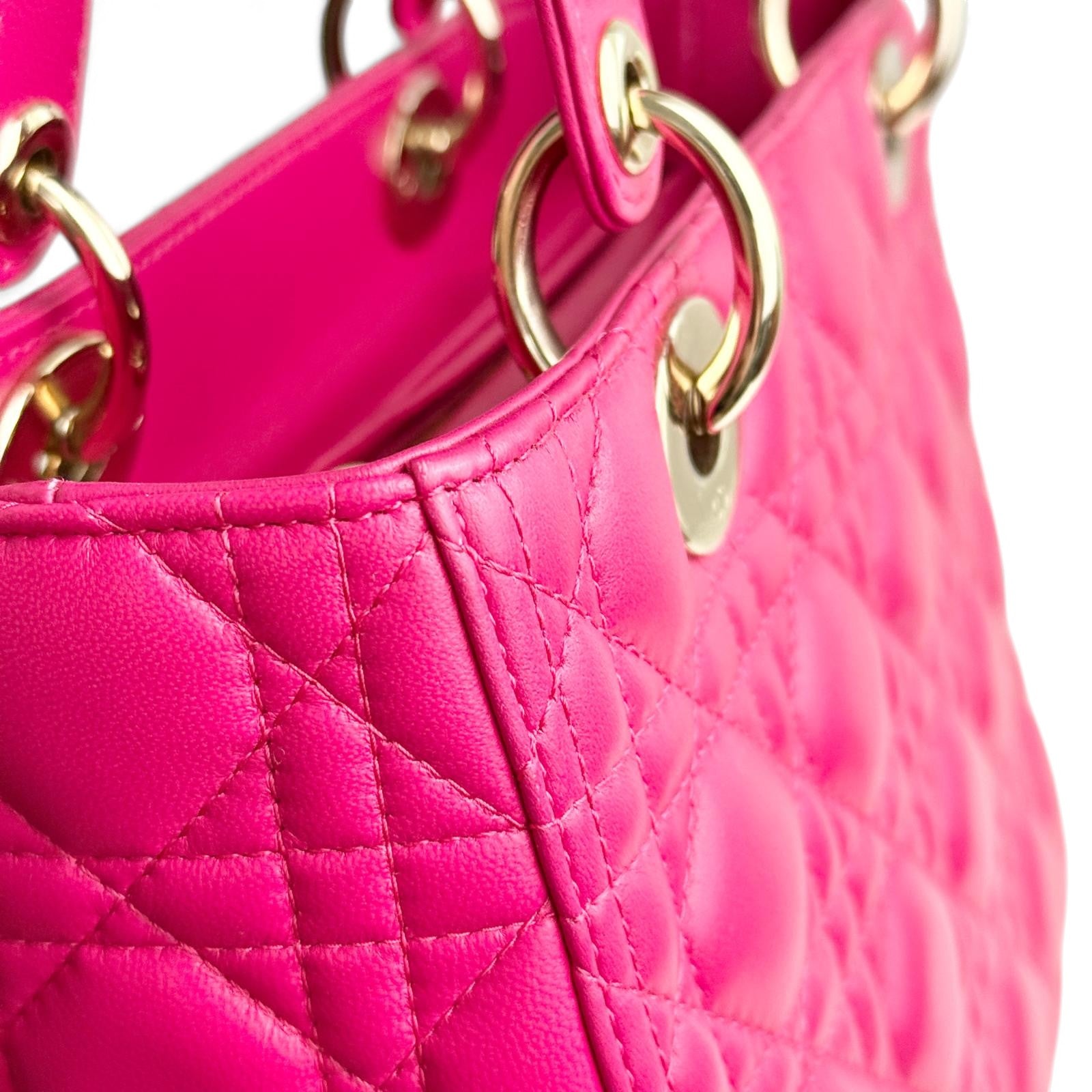 Christian Dior Lady Dior Medium – Fuchsia Pink Lambskin, Gold-tone Hardware