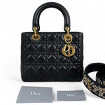 将图片加载到图库查看器，Christian Dior Lady Dior Medium Black Quilted Lambskin Gold-tone Hardware
