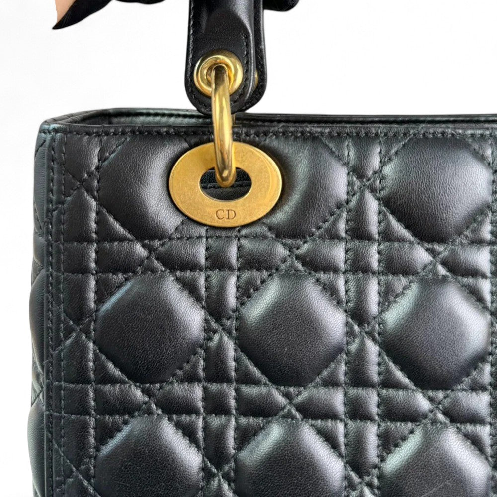 Christian Dior Lady Dior Medium Black Quilted Lambskin Gold-tone Hardware