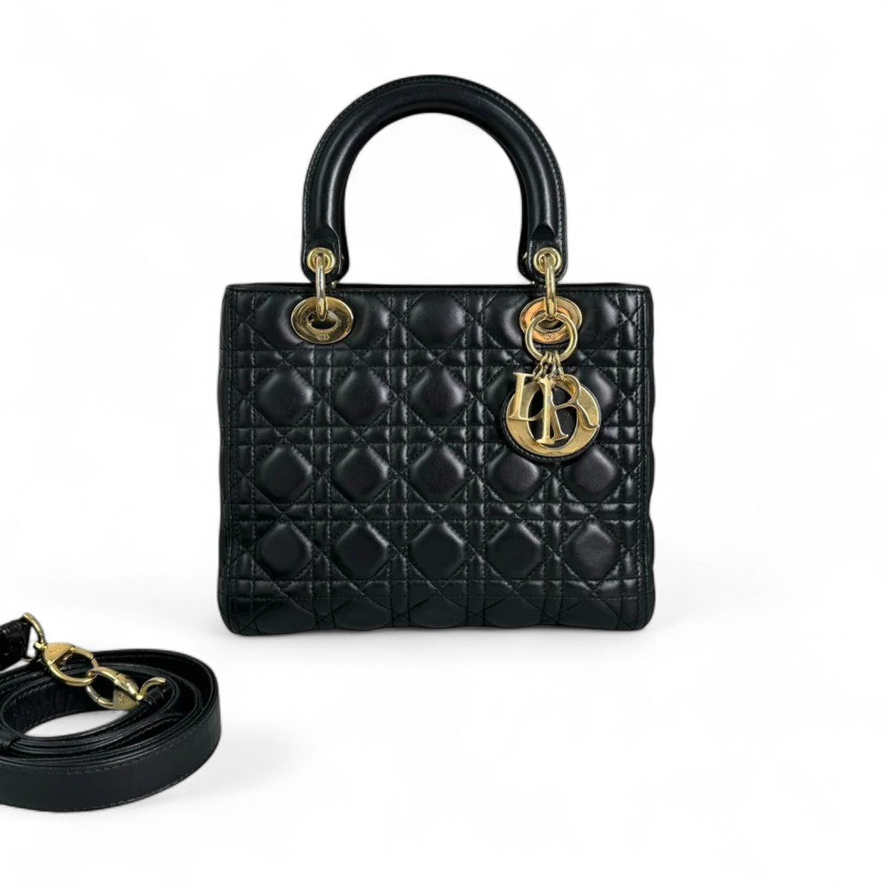 Christian Dior Lady Dior Medium Black Quilted Lambskin Gold-tone Hardware
