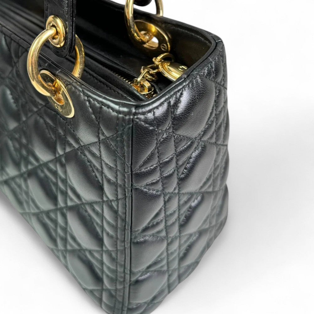 Christian Dior Lady Dior Medium Black Quilted Lambskin Gold-tone Hardware