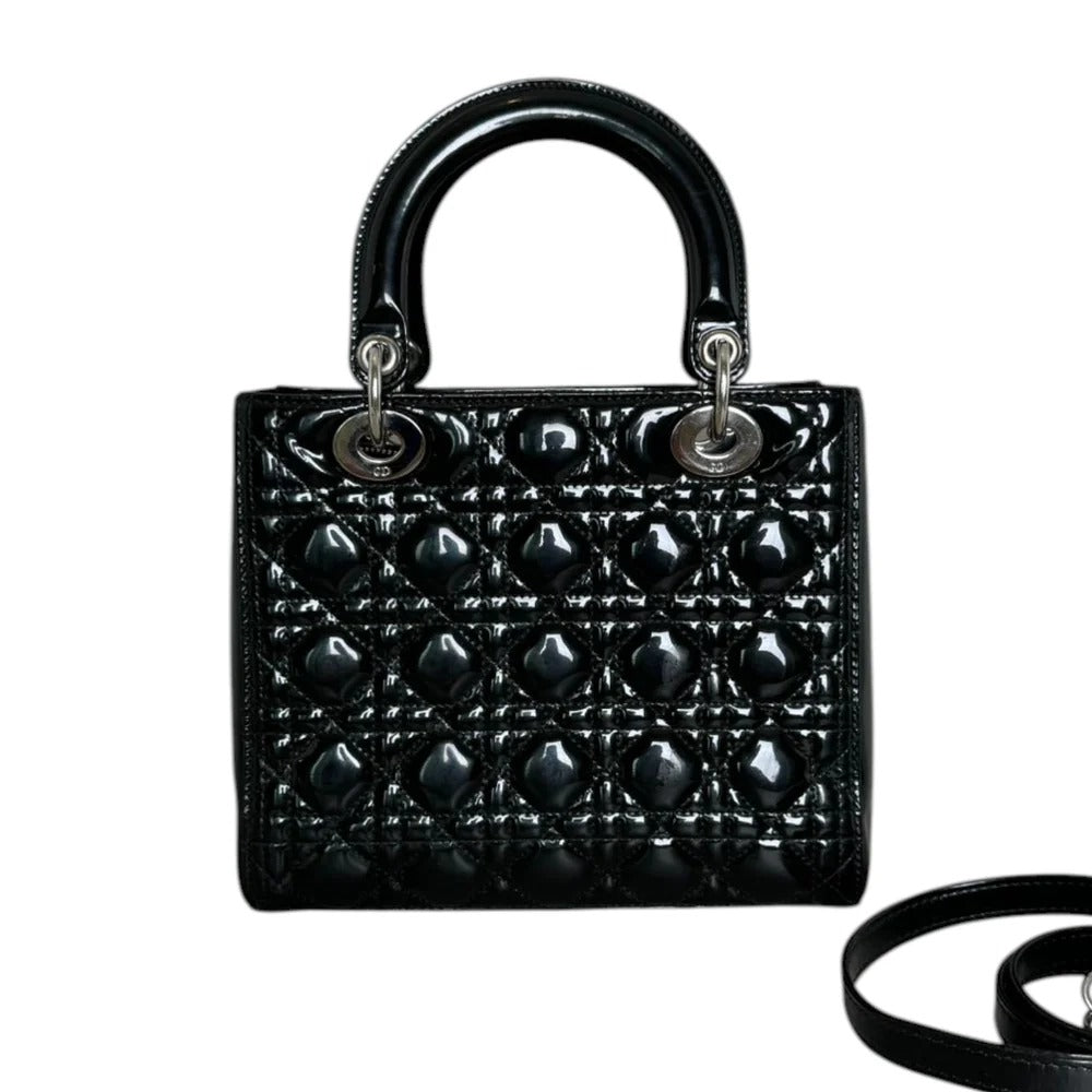 Christian Dior Lady Dior Medium Black Patent Quilted Leather Silver-tone Hardware
