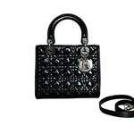 将图片加载到图库查看器，Christian Dior Lady Dior Medium Black Patent Quilted Leather Silver-tone Hardware
