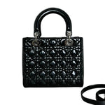 将图片加载到图库查看器，Christian Dior Lady Dior Medium Black Patent Quilted Leather Silver-tone Hardware

