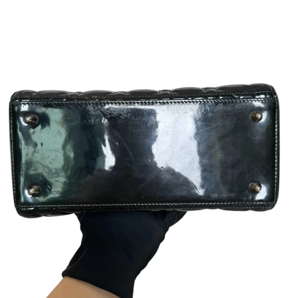 Christian Dior Lady Dior Medium Black Patent Quilted Leather Silver-tone Hardware