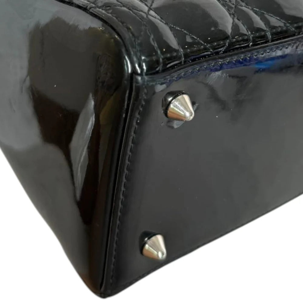 Christian Dior Lady Dior Medium Black Patent Quilted Leather Silver-tone Hardware