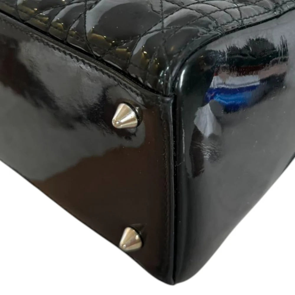 Christian Dior Lady Dior Medium Black Patent Quilted Leather Silver-tone Hardware