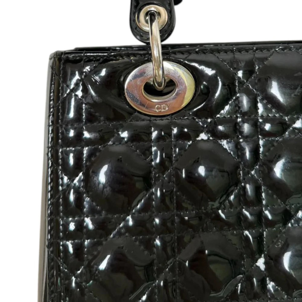 Christian Dior Lady Dior Medium Black Patent Quilted Leather Silver-tone Hardware