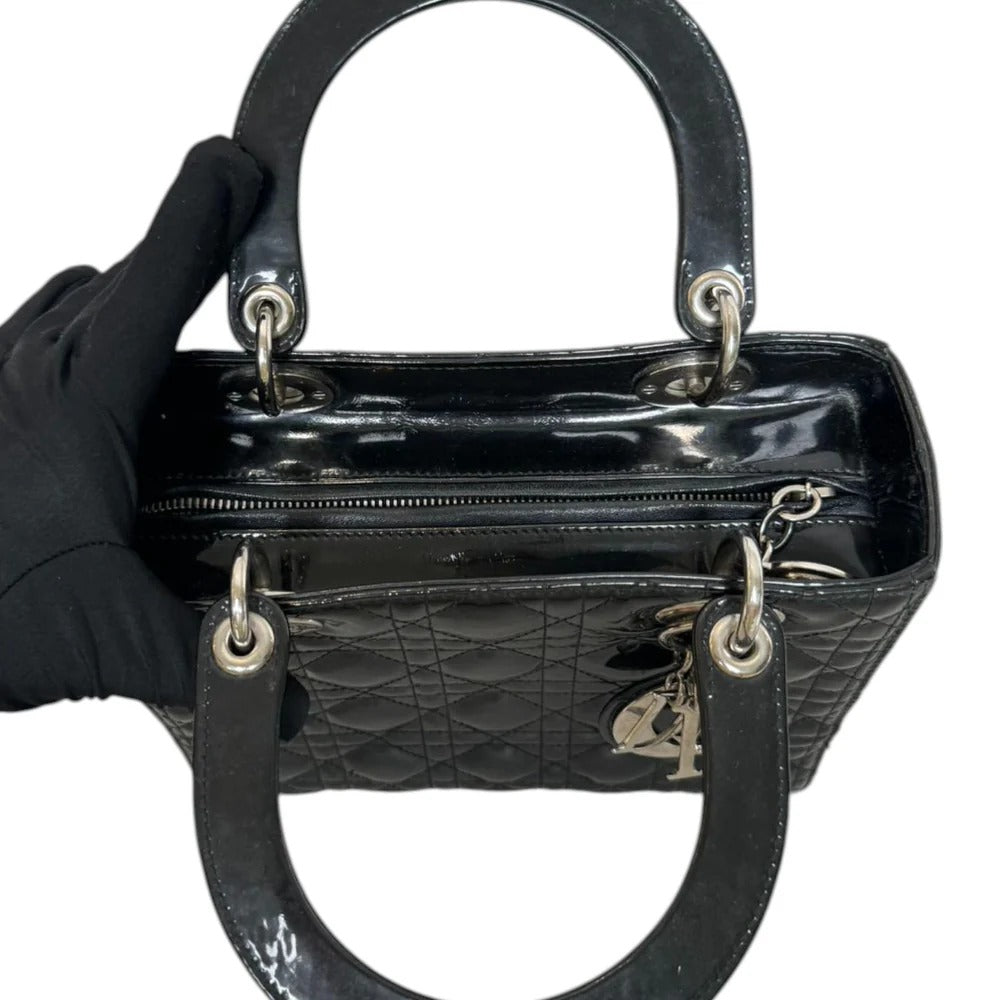 Christian Dior Lady Dior Medium Black Patent Quilted Leather Silver-tone Hardware