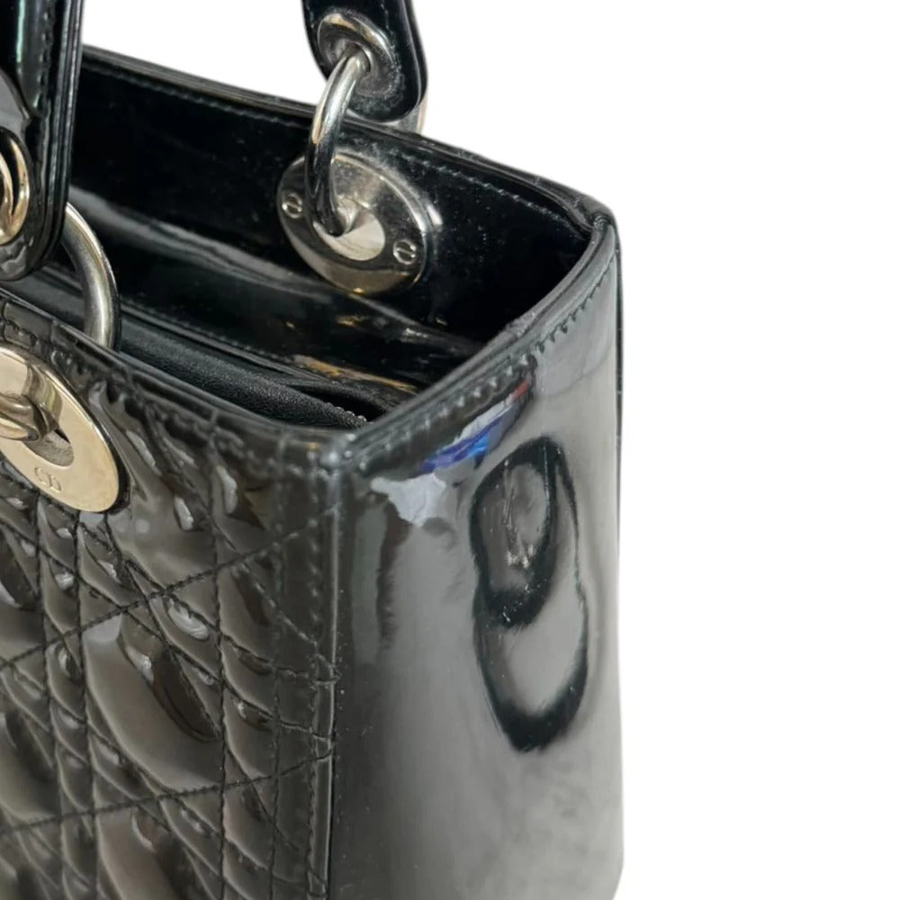 Christian Dior Lady Dior Medium Black Patent Quilted Leather Silver-tone Hardware
