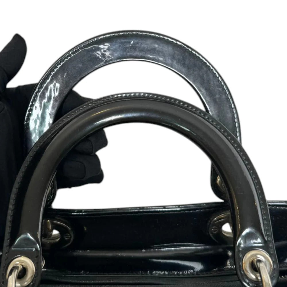 Christian Dior Lady Dior Medium Black Patent Quilted Leather Silver-tone Hardware