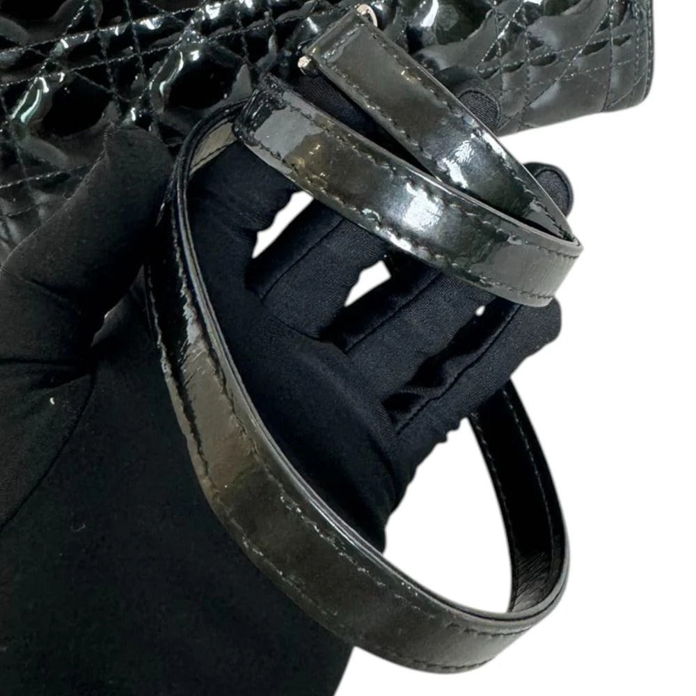 Christian Dior Lady Dior Medium Black Patent Quilted Leather Silver-tone Hardware