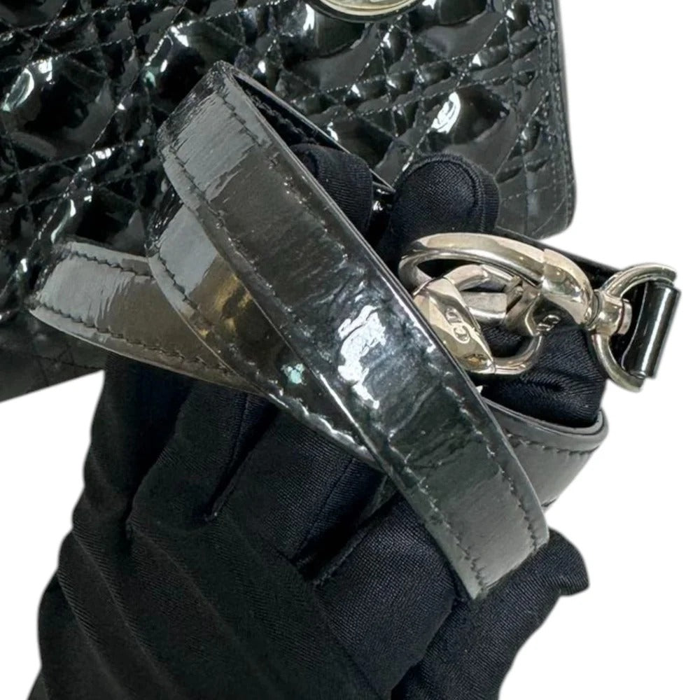 Christian Dior Lady Dior Medium Black Patent Quilted Leather Silver-tone Hardware