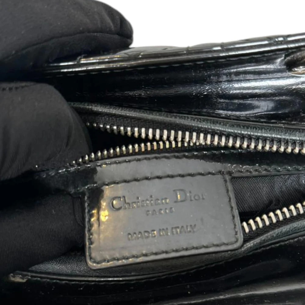 Christian Dior Lady Dior Medium Black Patent Quilted Leather Silver-tone Hardware