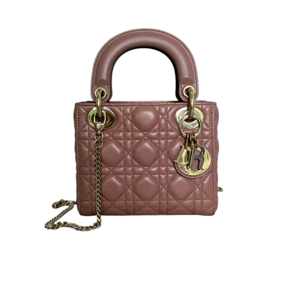Christian Dior Lady Dior Mini  Beige-Pink/Fard Lambskin Cannage Gold-tone Hardware