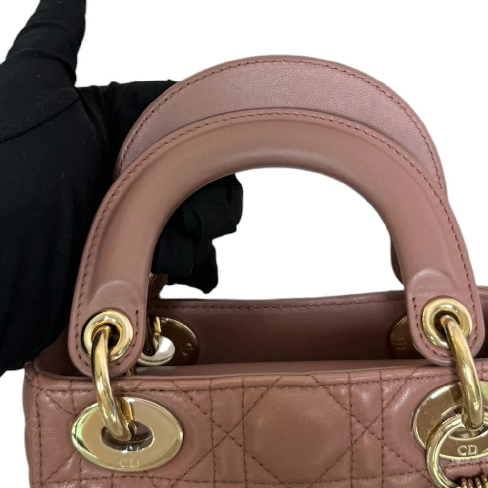 Christian Dior Lady Dior Mini  Beige-Pink/Fard Lambskin Cannage Gold-tone Hardware