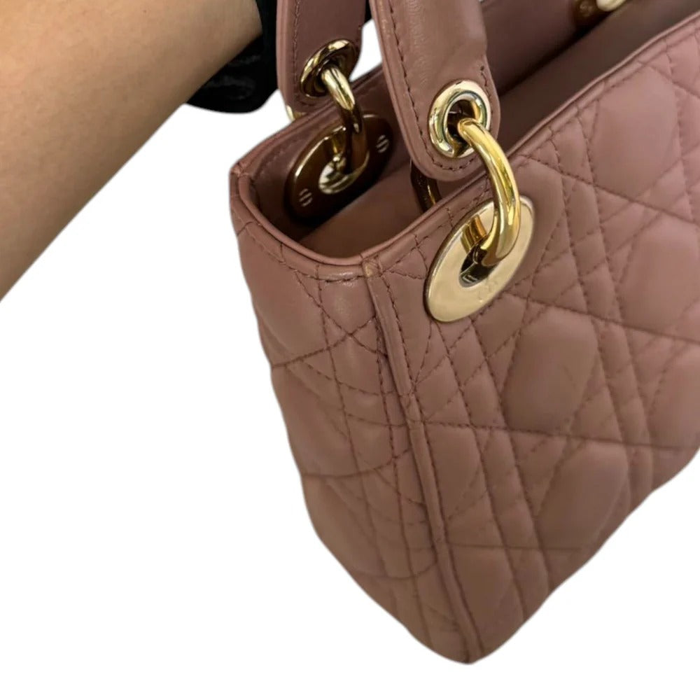 Christian Dior Lady Dior Mini  Beige-Pink/Fard Lambskin Cannage Gold-tone Hardware