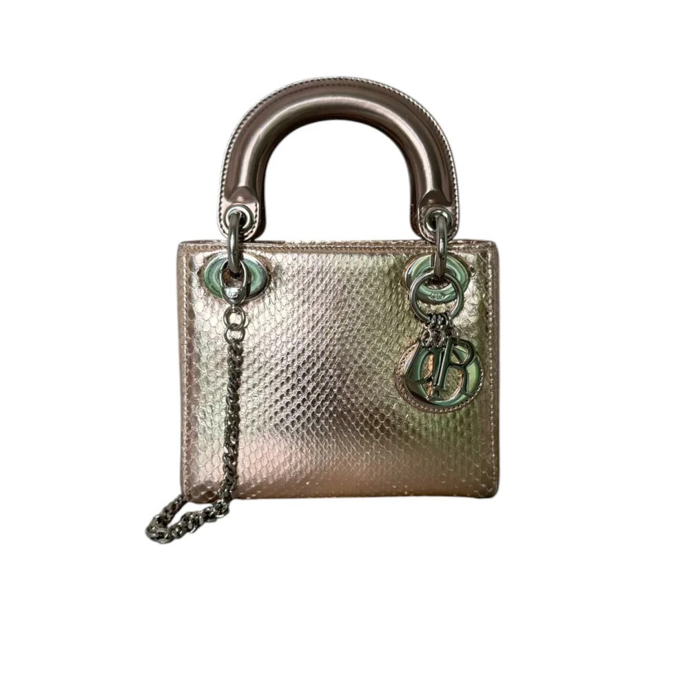 Christian Dior Lady Dior Mini Metallic Pink Python Silver-tone Hardware