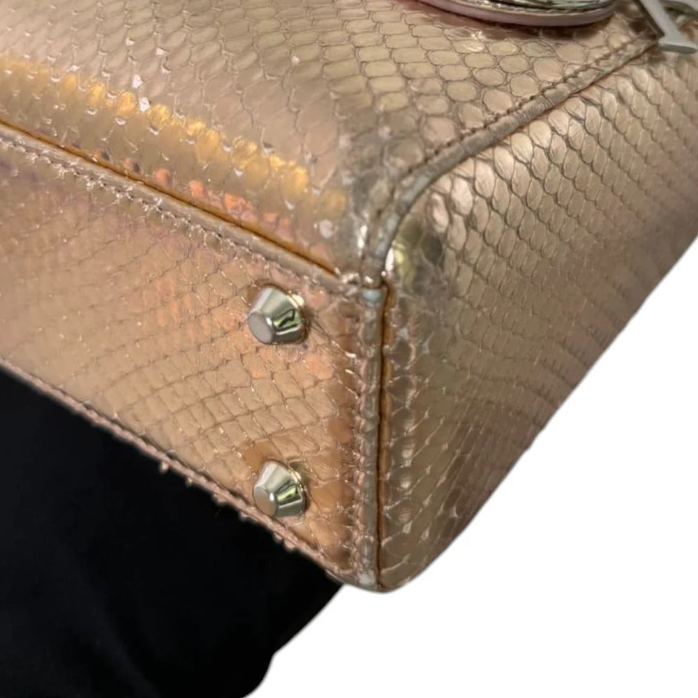 Christian Dior Lady Dior Mini Metallic Pink Python Silver-tone Hardware