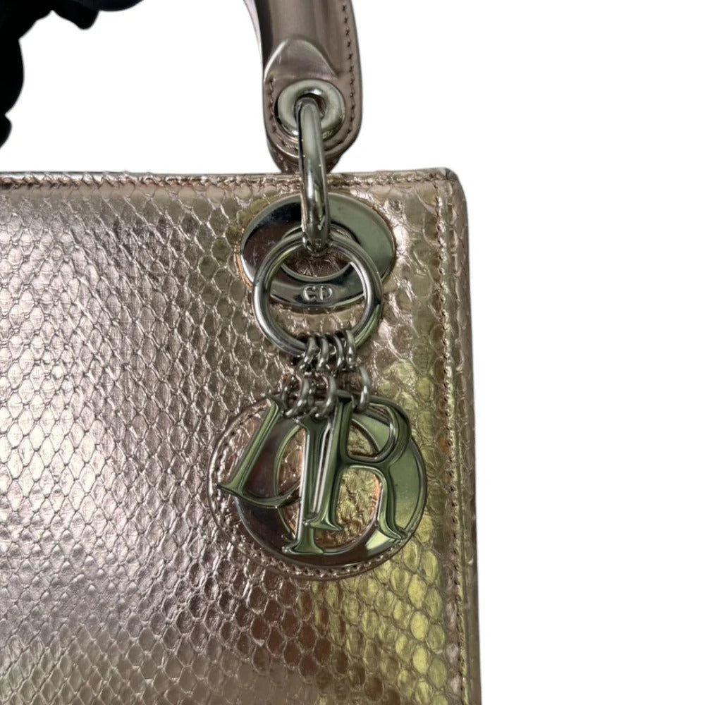 Christian Dior Lady Dior Mini Metallic Pink Python Silver-tone Hardware