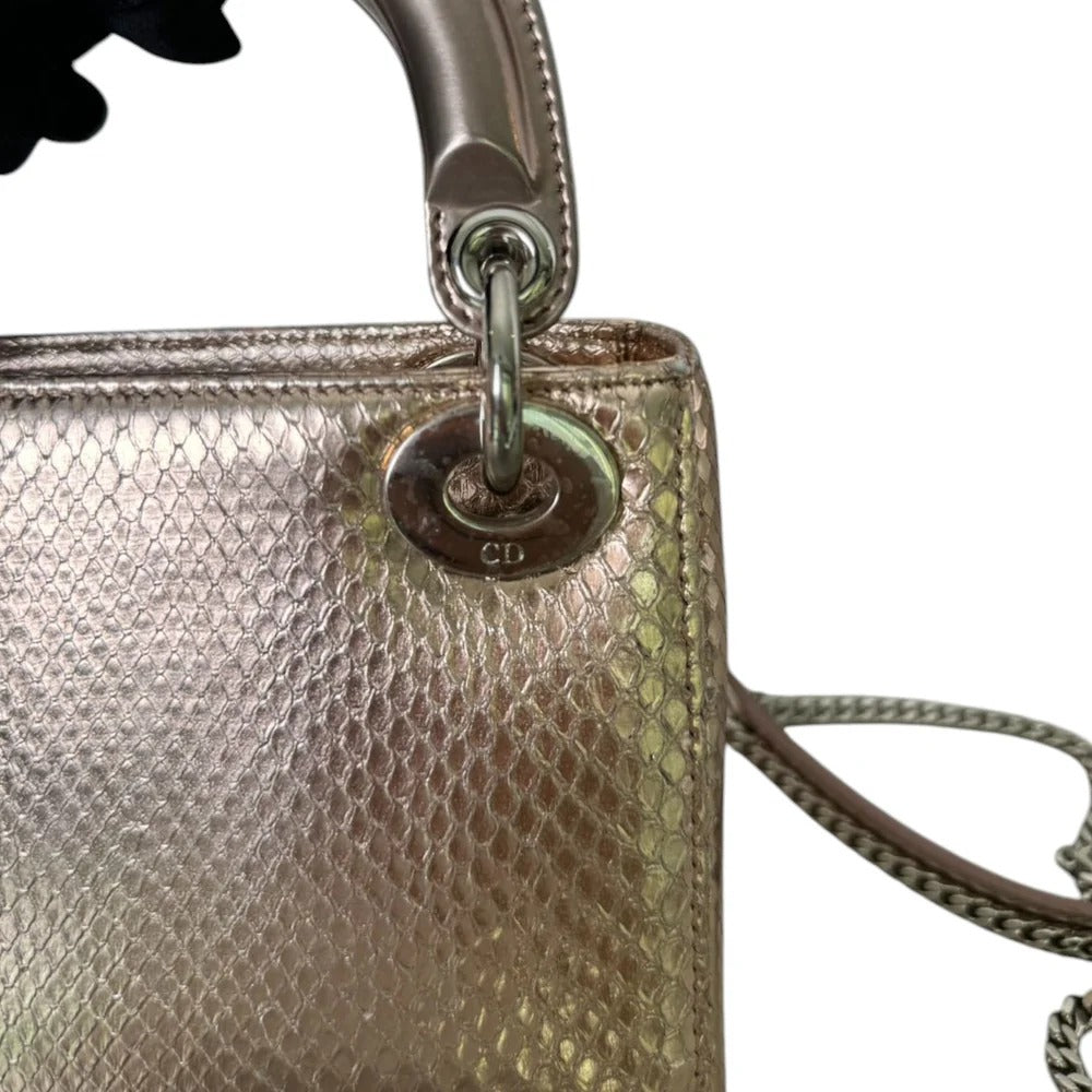 Christian Dior Lady Dior Mini Metallic Pink Python Silver-tone Hardware