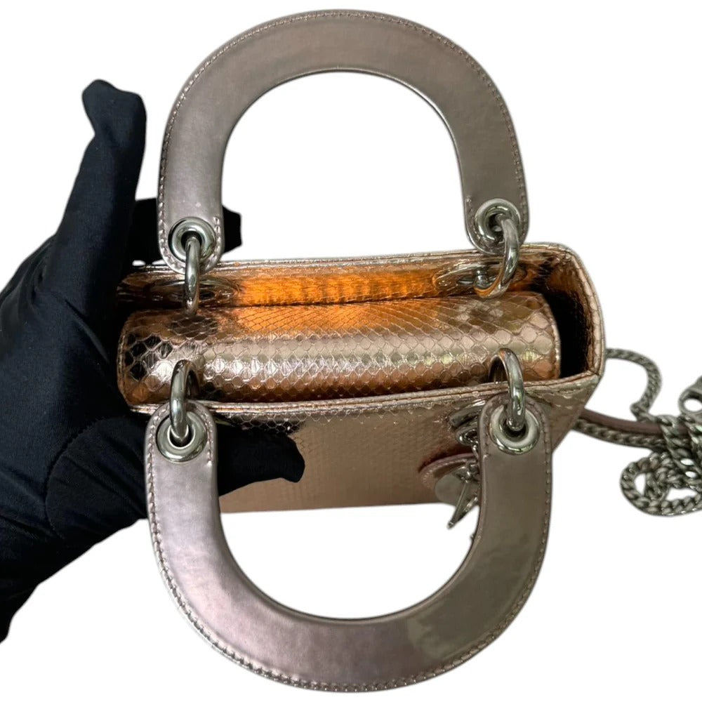 Christian Dior Lady Dior Mini Metallic Pink Python Silver-tone Hardware