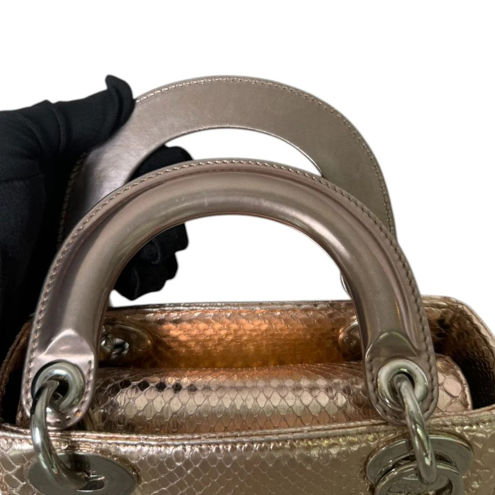 Christian Dior Lady Dior Mini Metallic Pink Python Silver-tone Hardware