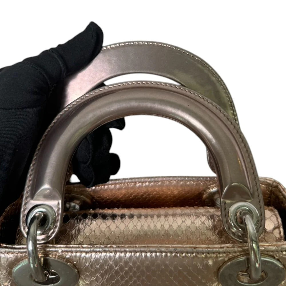 Christian Dior Lady Dior Mini Metallic Pink Python Silver-tone Hardware