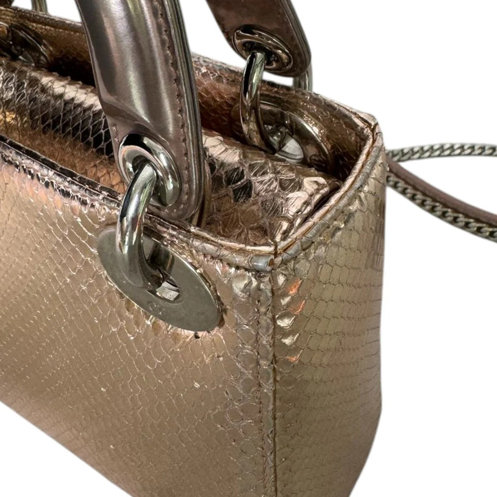 Christian Dior Lady Dior Mini Metallic Pink Python Silver-tone Hardware