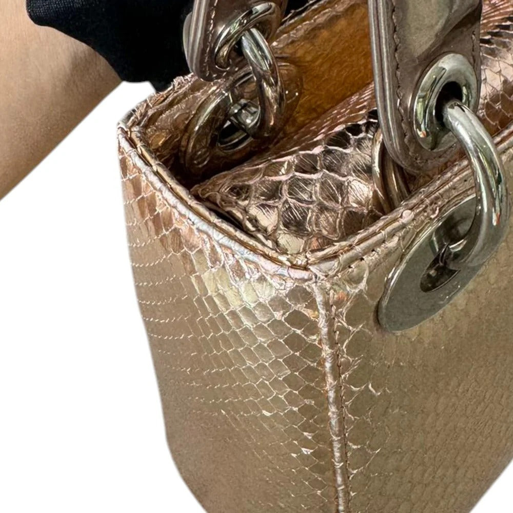 Christian Dior Lady Dior Mini Metallic Pink Python Silver-tone Hardware