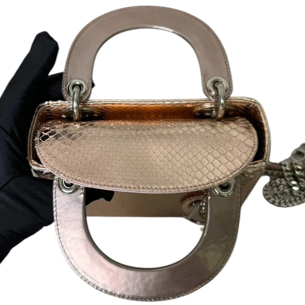Christian Dior Lady Dior Mini Metallic Pink Python Silver-tone Hardware