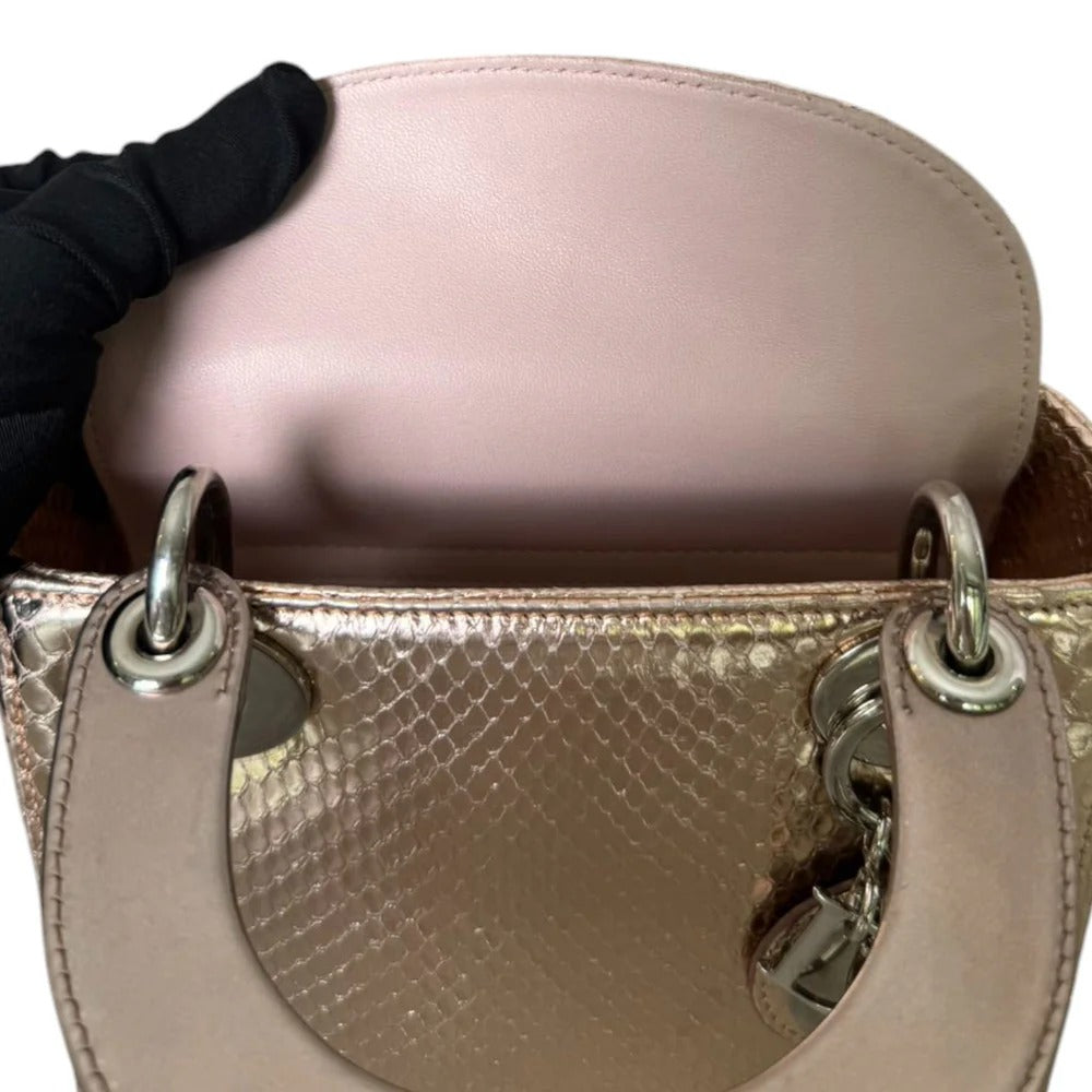 Christian Dior Lady Dior Mini Metallic Pink Python Silver-tone Hardware