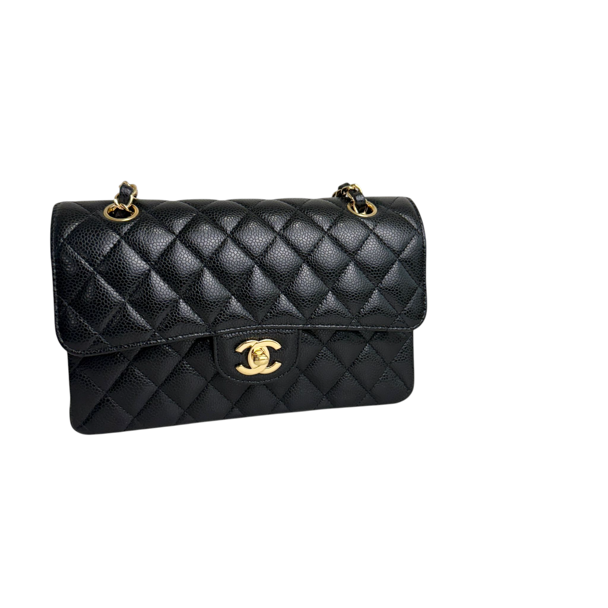 Black quilted handbag with gold hardware on a white background