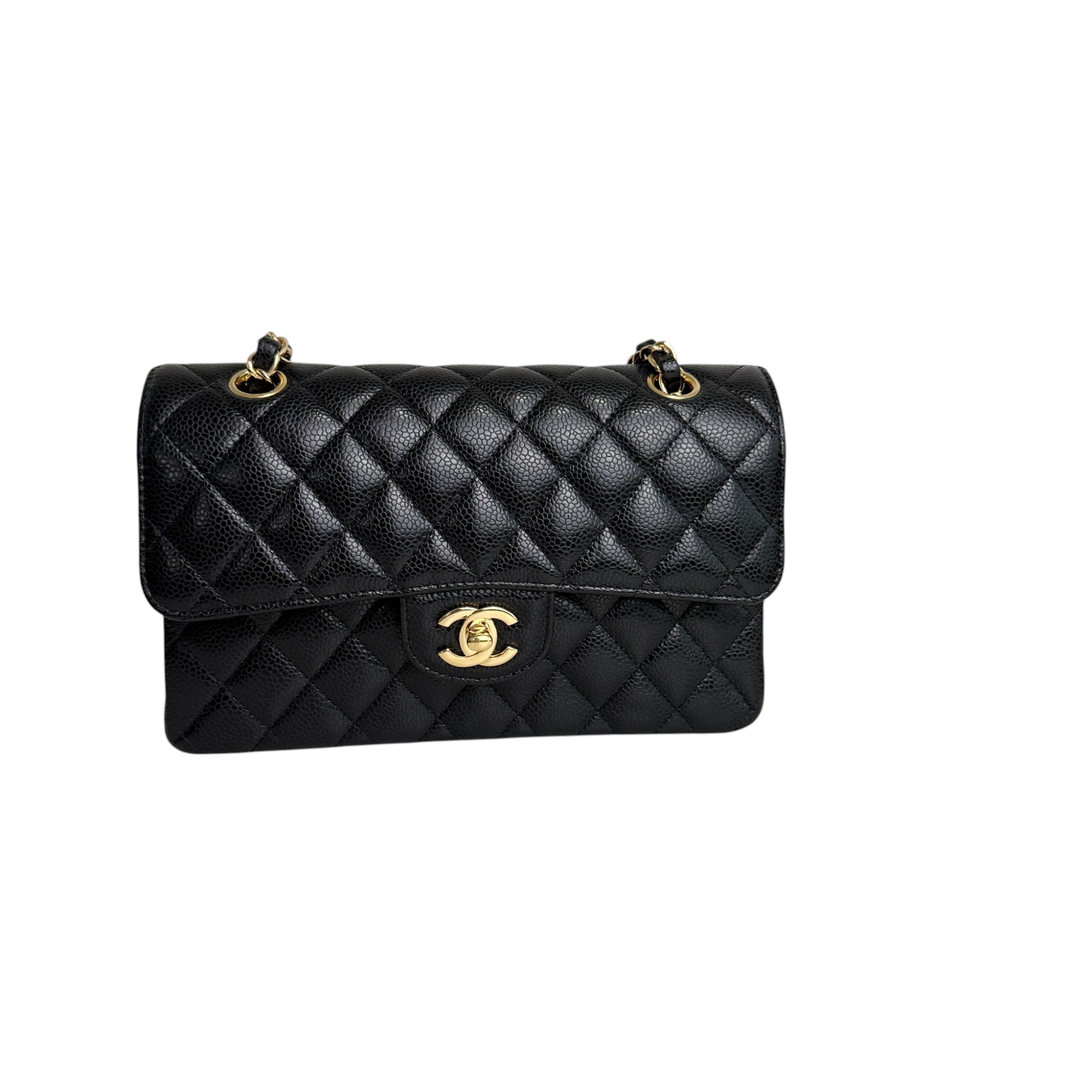 Black quilted handbag with gold hardware on a white background