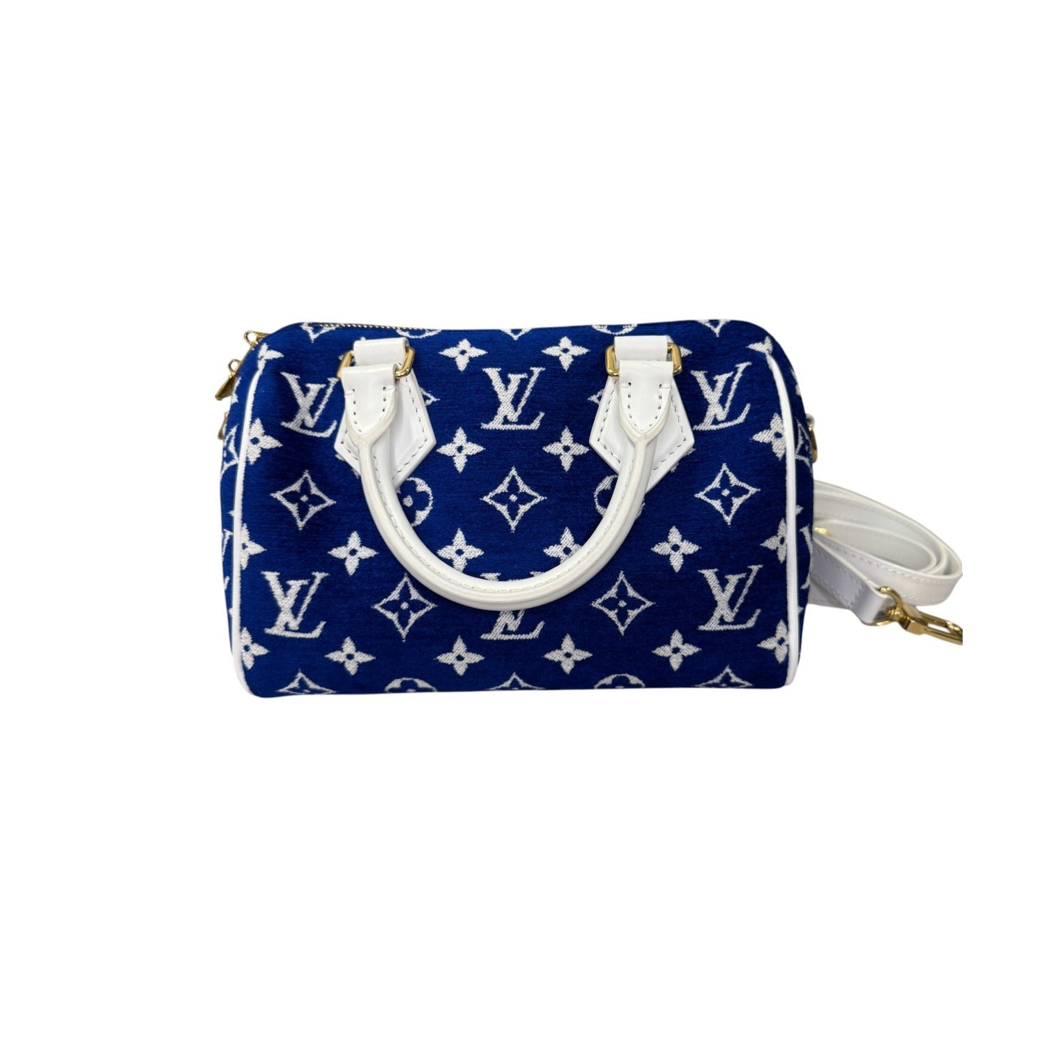 Blue handbag with white monogram pattern on a white background