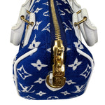 将图片加载到图库查看器，Blue patterned bag with gold zipper and white accents on a white background
