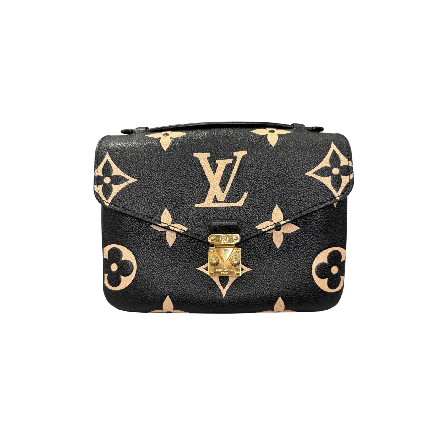 Black handbag with gold monogram pattern on a white background