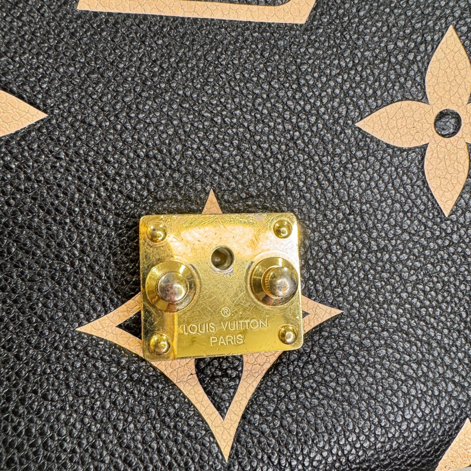 Close-up of a Louis Vuitton logo on a textured surface