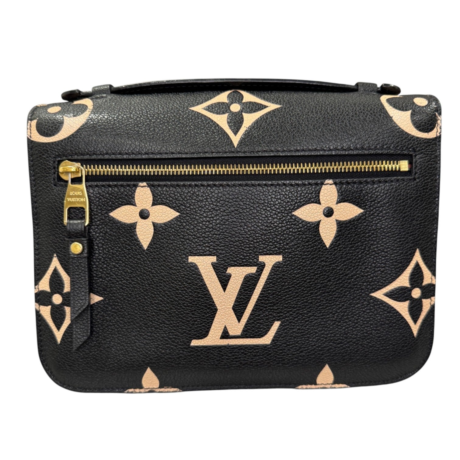 Black handbag with gold monogram pattern on a white background