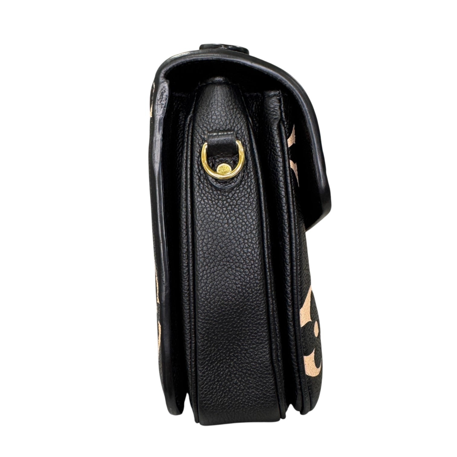 Black leather crossbody bag with gold accents on a white background