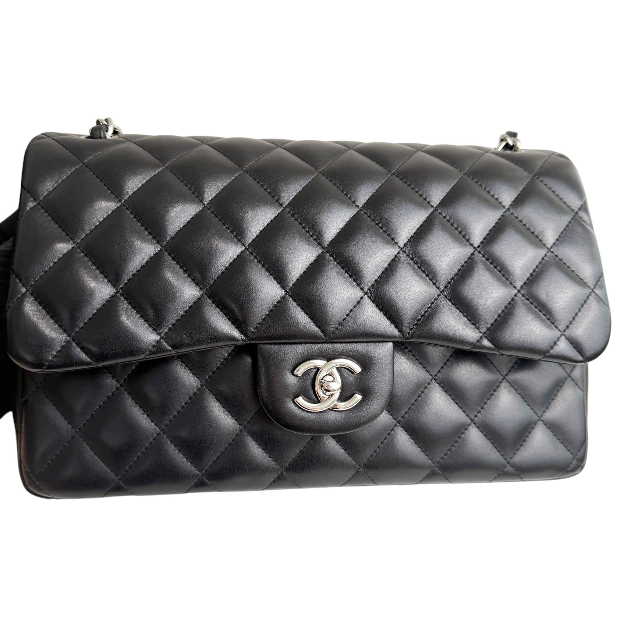 Chanel Timeless Classic Jumbo Black Lambskin Silver-tone Hardware