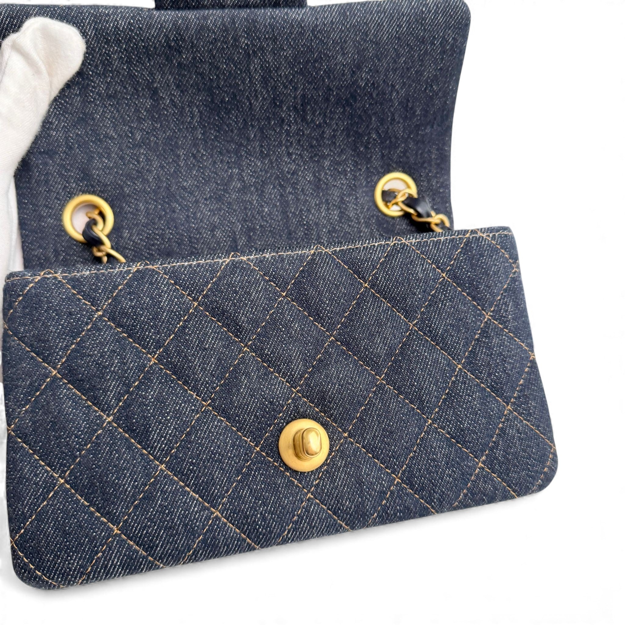 Chanel Classic Mini Dark Navy Blue Denim, Gold-tone Hardware
